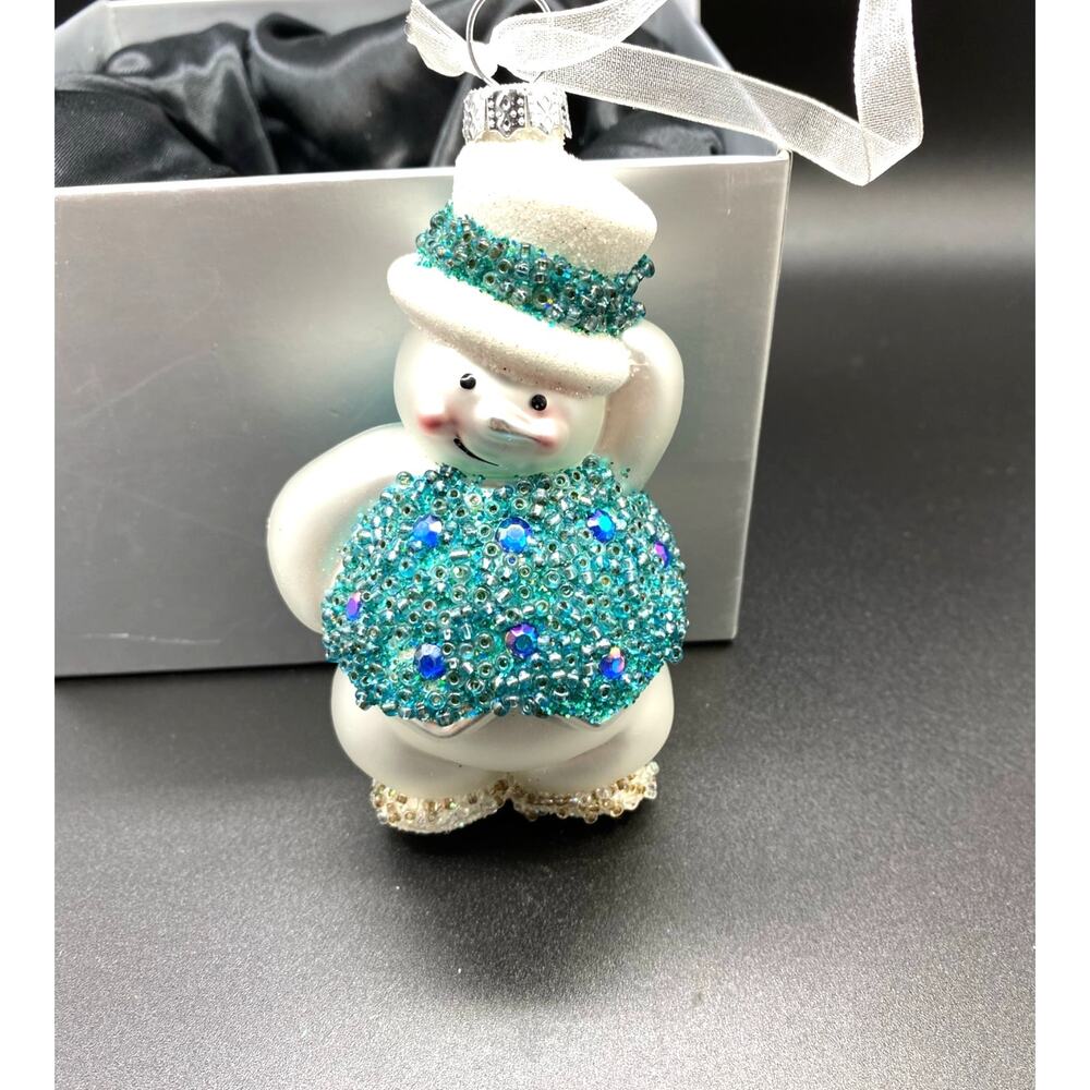 Blown Glass Snowman‎ Green Beaded Vest Christmas Ornament